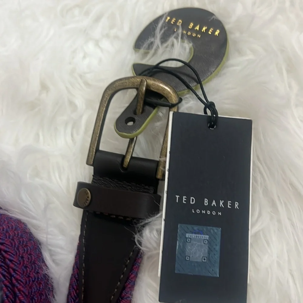 Ted Baker SZ L/XL Braided Purple/Navy Textile & Brown Leather Belt